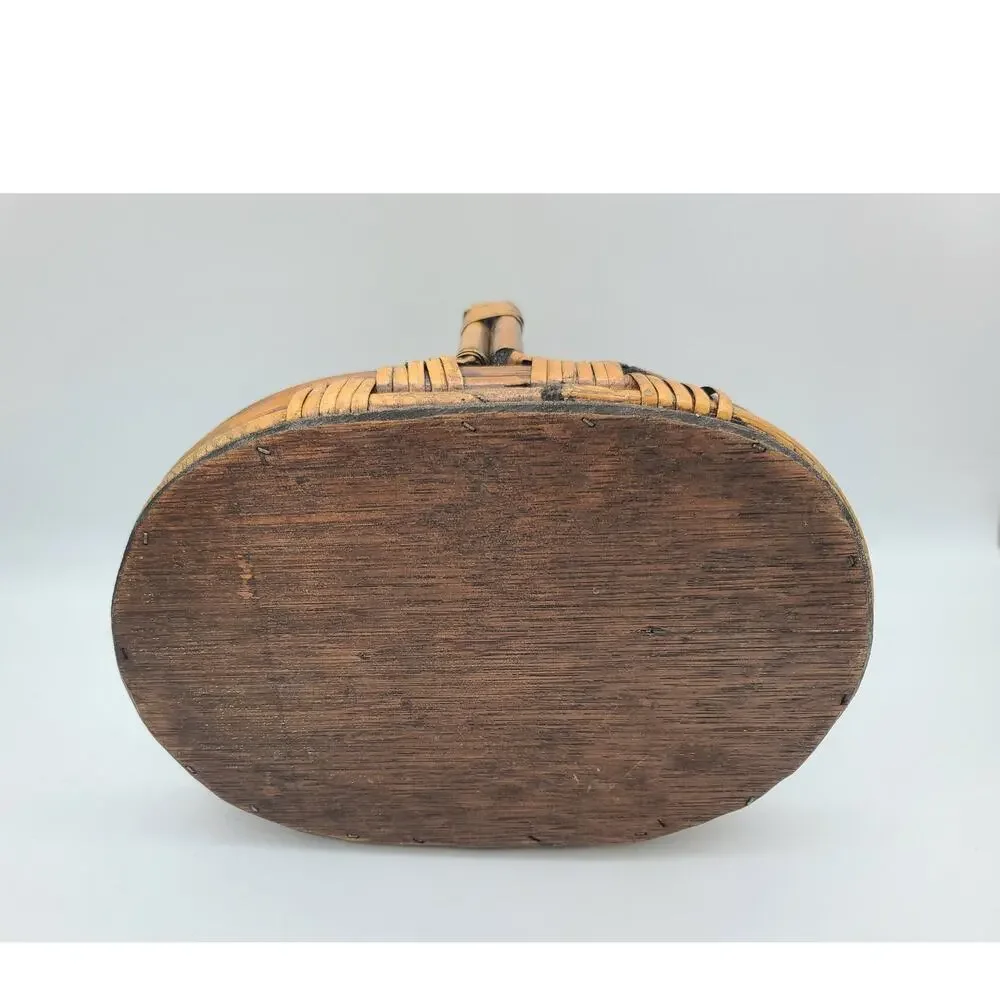 Vintage Rattan & Split Reed Oval Shape Handled Basket 9 T x 11.5 L x 8 W
